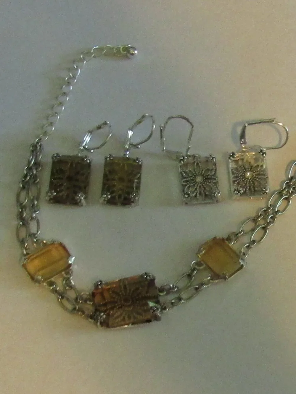 Signed NRT Jewelry Set Amber Glass Rectangular Stones NECKLACE BRACELET EARRINGS
